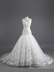 Sleeveless Organza With Train Court Train Lace Up Bridal Gown in White with Ruching