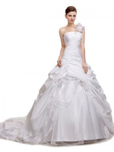 Flare White Organza and Taffeta and Tulle Lace Up Wedding Gowns Sleeveless With Train Court Train Ruching and Pick Ups