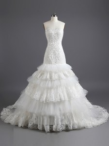 Top Selling Mermaid White Tulle and Lace Lace Up Strapless Sleeveless With Train Wedding Gowns Court Train Ruffled Layers