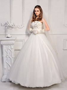 Inexpensive White Lace Up Wedding Dresses Beading Sleeveless Ankle Length