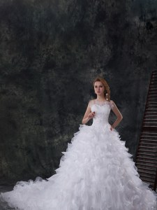 White Wedding Dress Wedding Party and For with Beading and Ruffles Scoop Sleeveless Chapel Train Lace Up