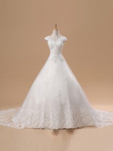 Shining White Short Sleeves Lace and Appliques Lace Up Bridal Gown