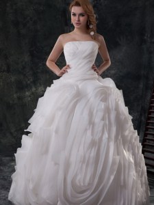 White Lace Up Strapless Ruching Wedding Gown Organza Sleeveless Brush Train