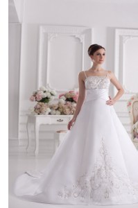 Sleeveless Satin With Brush Train Zipper Wedding Gowns in White with Beading and Embroidery