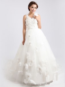 Scoop Sleeveless Tulle Sweep Train Zipper Wedding Gown in White with Appliques and Hand Made Flower