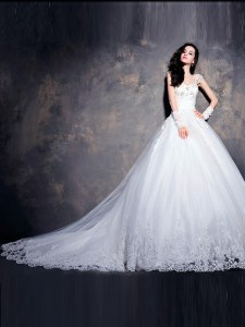 Cap Sleeves Court Train Lace Up With Train Beading and Appliques Wedding Gown