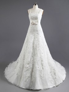 On Sale Sleeveless Chapel Train Lace Up With Train Beading and Appliques and Bowknot Wedding Gown