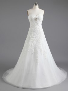 Top Selling White Column/Sheath Beading and Appliques Bridal Gown Lace Up Tulle Sleeveless With Train