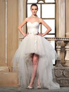 Hot Sale Tulle Sleeveless High Low Bridal Gown and Ruching and Hand Made Flower