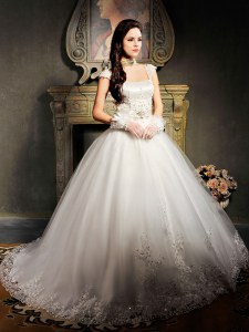 Square Cap Sleeves Brush Train Lace Up Wedding Gown White Tulle