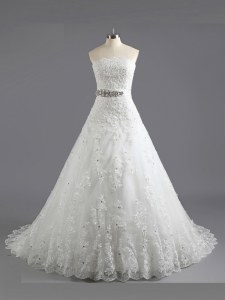 Affordable White A-line Lace Scalloped Sleeveless Beading and Lace With Train Lace Up Wedding Gown Court Train