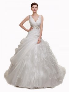 White Lace Up V-neck Beading and Appliques and Ruffles and Pick Ups Bridal Gown Organza Sleeveless Court Train