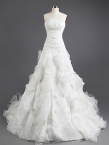 New Style Sleeveless Organza With Train Court Train Lace Up Wedding Gown in White with Beading and Ruffles