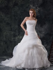 White Ball Gowns Organza Strapless Sleeveless Beading and Appliques and Ruching and Pick Ups With Train Zipper Wedding Gowns Brush Train