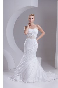 Mermaid White Taffeta Lace Up Strapless Sleeveless Wedding Dresses Brush Train Beading and Appliques and Ruching