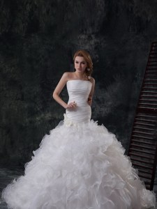 Traditional White Strapless Neckline Ruffles and Ruching Bridal Gown Sleeveless Lace Up