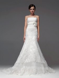 White Lace Up Strapless Lace and Appliques Wedding Gowns Lace Sleeveless Brush Train