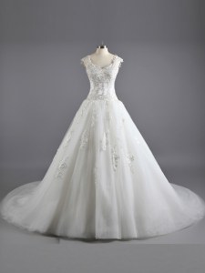 Luxury Floor Length A-line Cap Sleeves White Wedding Gowns Court Train Lace Up