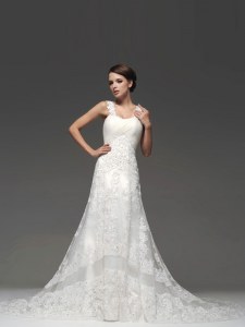 White A-line Straps Sleeveless Lace Brush Train Lace Up Lace and Appliques Wedding Dresses