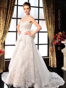 Smart White Lace Up Wedding Dresses Beading and Lace and Bowknot Sleeveless Brush Train