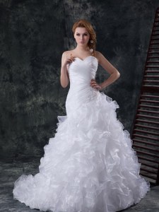 Sweetheart Sleeveless Brush Train Lace Up Wedding Gown White Organza