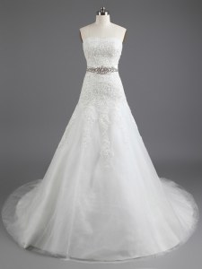 Top Selling White Strapless Lace Up Beading and Lace and Appliques Wedding Dress Court Train Sleeveless