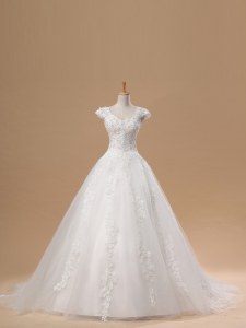 Short Sleeves Brush Train Lace and Appliques Lace Up Bridal Gown