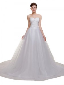 Sleeveless Court Train Lace Up With Train Beading and Lace and Appliques Bridal Gown