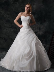 Fitting White Lace Up V-neck Ruffled Layers and Hand Made Flower Wedding Dress Organza Sleeveless Brush Train
