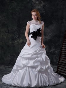 High-neck Cap Sleeves Bridal Gown Brush Train Beading and Ruching and Pick Ups and Hand Made Flower White Taffeta