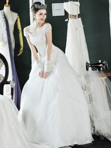 New Style White Off The Shoulder Neckline Beading and Lace and Appliques Bridal Gown Cap Sleeves Lace Up