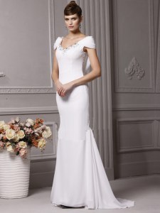 Delicate Mermaid White Cap Sleeves Chiffon Brush Train Side Zipper Wedding Dresses for Wedding Party