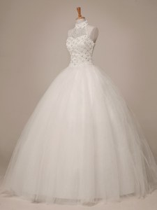 Fitting Halter Top Floor Length White Wedding Dresses Tulle Sleeveless Beading