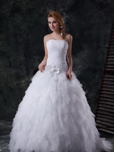 Vintage With Train White Wedding Dress Tulle Brush Train Sleeveless Beading and Ruffles and Ruching and Hand Made Flower