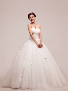 White A-line Appliques and Ruching and Hand Made Flower Wedding Dress Lace Up Tulle Sleeveless Floor Length