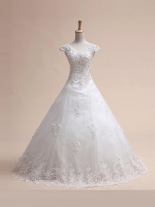 Customized With Train Lace Up Wedding Dress White for Wedding Party with Beading and Appliques and Bowknot Court Train