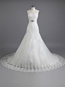 White Mermaid Sweetheart Sleeveless Lace With Train Chapel Train Lace Up Beading and Lace Bridal Gown