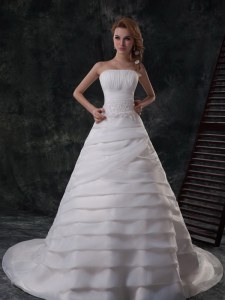 Strapless Sleeveless Bridal Gown With Brush Train Beading and Appliques and Ruffled Layers White Organza