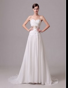 Sleeveless Chiffon With Brush Train Lace Up Wedding Dress in White with Beading and Belt