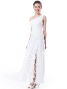 White Chiffon Zipper One Shoulder Sleeveless Floor Length Wedding Gowns Lace