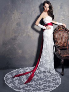 Lace and Appliques and Bowknot and Belt Wedding Dress White Lace Up Sleeveless With Brush Train