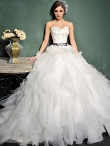White Lace Up Wedding Gowns Beading and Ruffles and Belt Sleeveless Brush Train