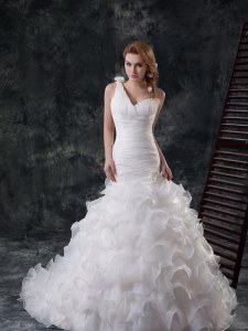 Romantic One Shoulder Ruffled With Train Mermaid Sleeveless White Bridal Gown Brush Train Lace Up