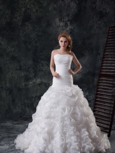 Glamorous Sweetheart Sleeveless Fabric With Rolling Flowers Wedding Dress Ruffles and Ruching Brush Train Lace Up