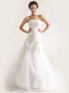 Excellent White Wedding Dress Tulle Sweep Train Sleeveless Lace and Ruching and Hand Made Flower
