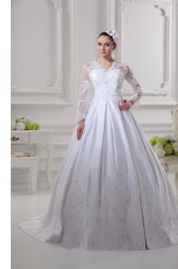Inexpensive Scalloped Long Sleeves Wedding Gown Court Train Lace White Satin