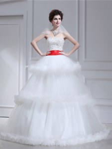 Luxurious White Tulle Lace Up Wedding Dresses Sleeveless With Brush Train Beading and Ruffled Layers