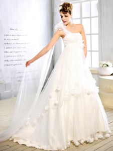 High Class One Shoulder White Sleeveless With Train Sashes ribbons and Hand Made Flower Lace Up Bridal Gown
