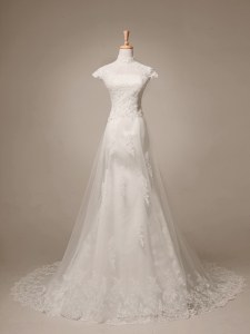 Classical With Train White Wedding Dress Tulle Brush Train Cap Sleeves Beading and Lace and Appliques
