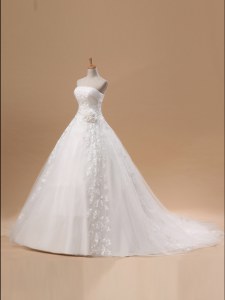 Fantastic Sleeveless Court Train Lace Up With Train Lace and Appliques and Hand Made Flower Wedding Gown